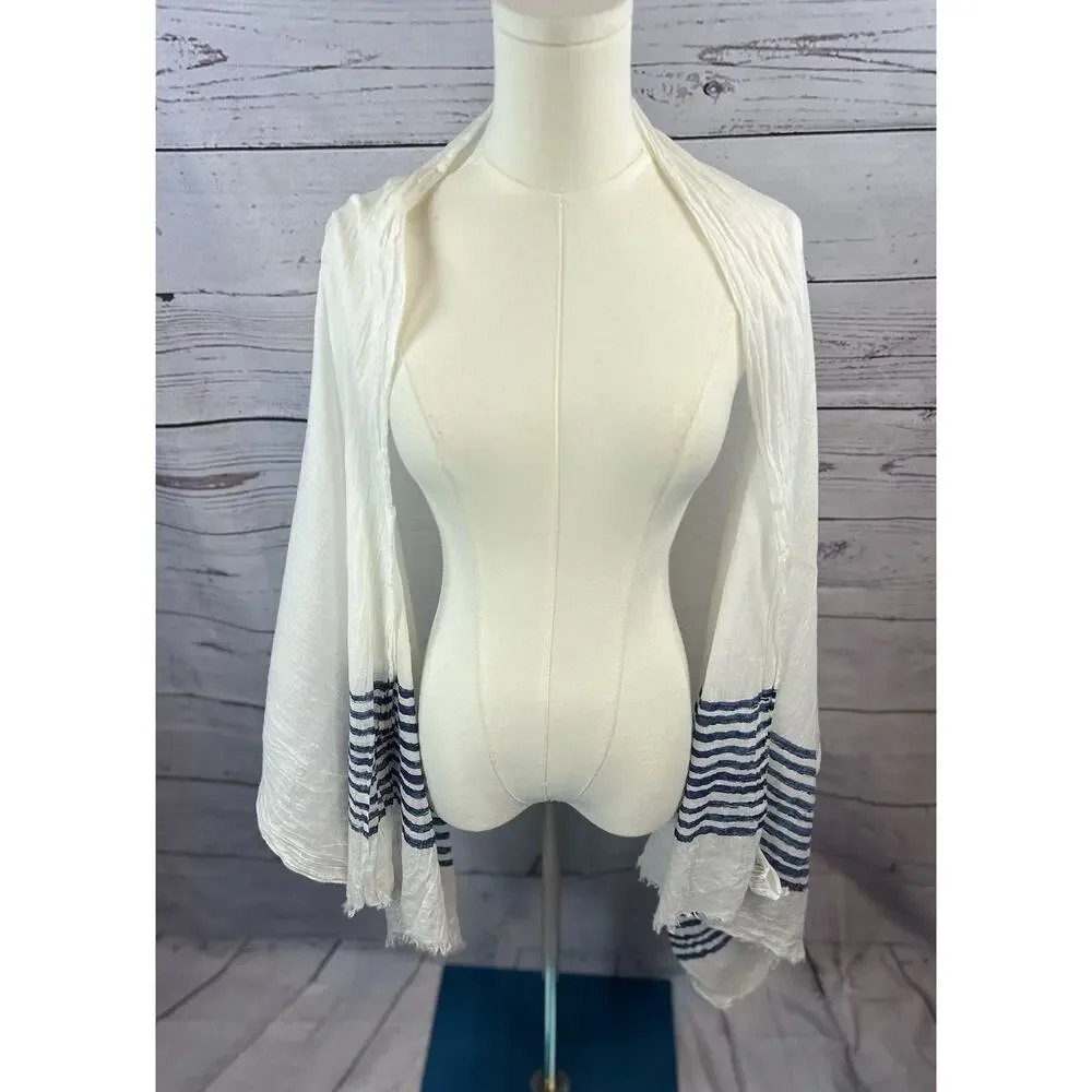 MNG White Blue Stripe Cotton Scarf Shawl Wrap Fringe Raw Hem Lightweight - Picture 2 of 4